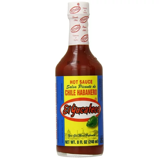 El Yucateco habanero hot sauce bottle.