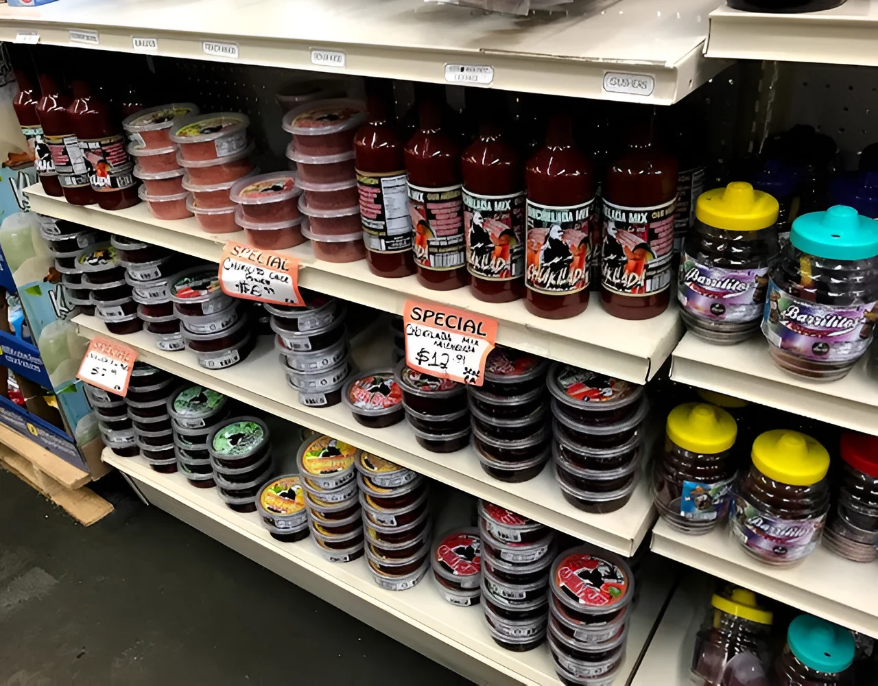 A shelf filled with lots of different types of sauces.