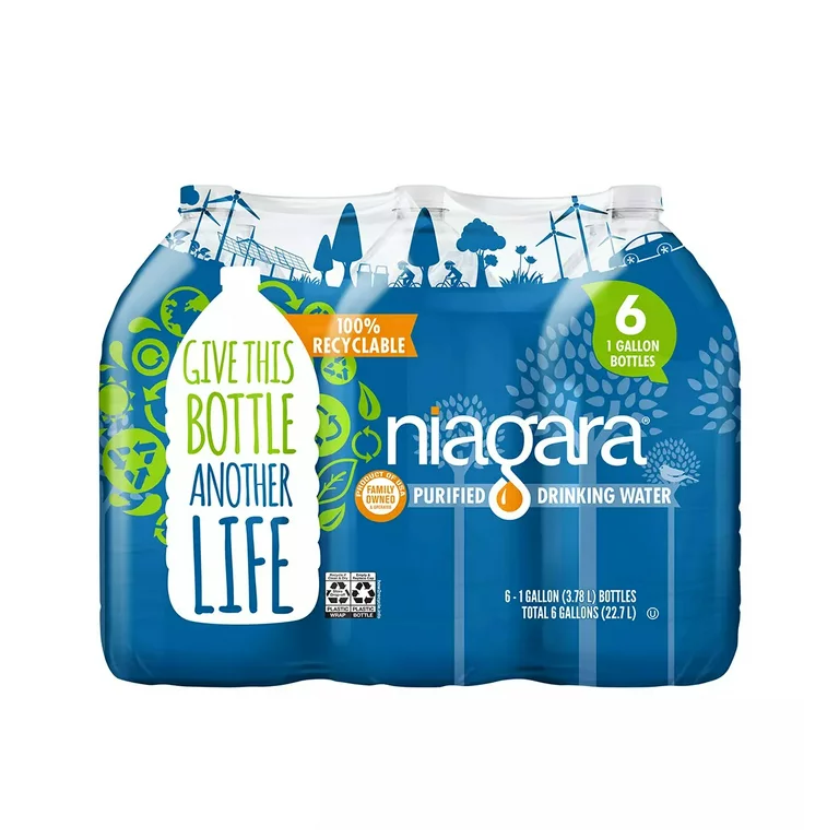 Niagara purified water, 6 one-gallon bottles.