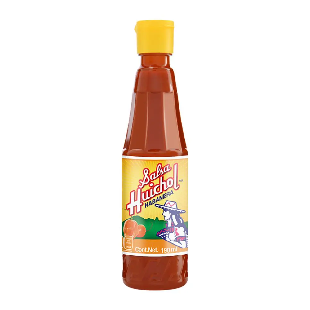 Here's an alt tag for the image: `190ml bottle of Huichol Habanera salsa`