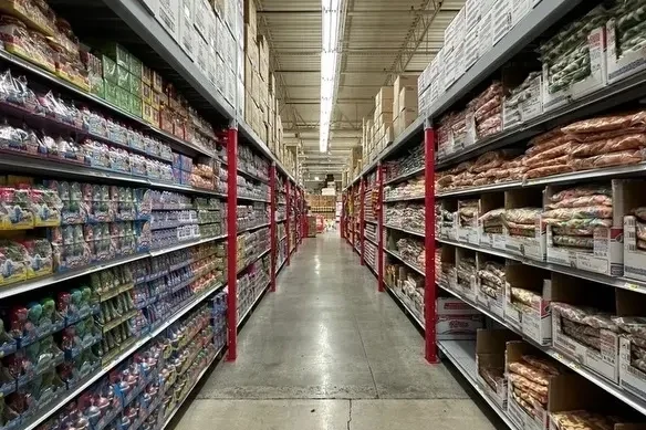 A long aisle in a store with many shelves of food.